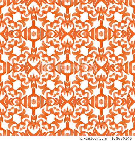 Orange and White Watercolor Ikat Seamless Pattern with Bold Symmetrical Ornamental Motifs 138650142