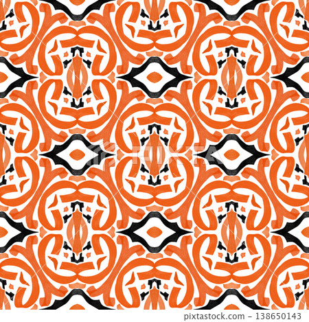 Orange and Black Watercolor Ikat Seamless Pattern with Bold Symmetrical Ornamental Motifs Orange and Black Watercolor Ikat Seamless Pattern with Bold Symmetrical Ornamental Motifs 138650143