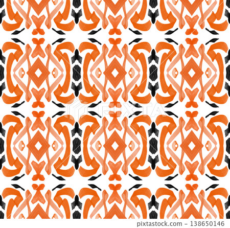 Orange and Black Watercolor Ikat Seamless Pattern with Bold Symmetrical Ornamental Motifs Orange and Black Watercolor Ikat Seamless Pattern with Bold Symmetrical Ornamental Motifs 138650146