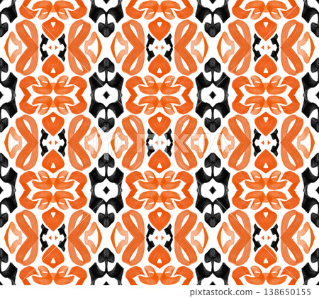 Orange and Black Watercolor Ikat Seamless Pattern with Bold Symmetrical Ornamental Motifs Orange and Black Watercolor Ikat Seamless Pattern with Bold Symmetrical Ornamental Motifs 138650155