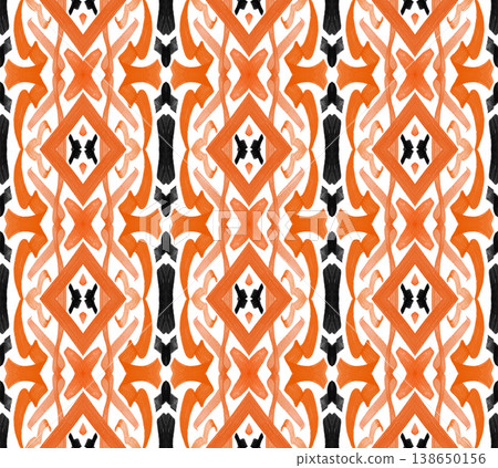 Orange and Black Watercolor Ikat Seamless Pattern with Bold Symmetrical Ornamental Motifs Orange and Black Watercolor Ikat Seamless Pattern with Bold Symmetrical Ornamental Motifs 138650156