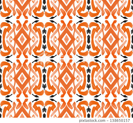 Orange and Black Watercolor Ikat Seamless Pattern with Bold Symmetrical Ornamental Motifs Orange and Black Watercolor Ikat Seamless Pattern with Bold Symmetrical Ornamental Motifs 138650157