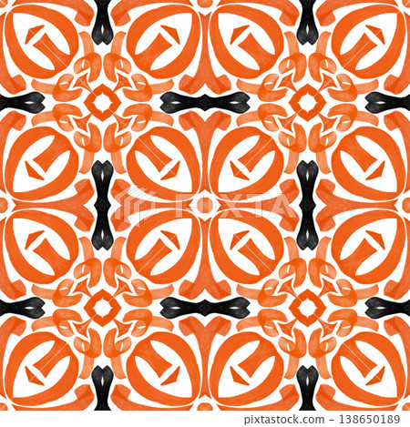 Orange and Black Watercolor Ikat Seamless Pattern with Bold Symmetrical Ornamental Motifs Orange and Black Watercolor Ikat Seamless Pattern with Bold Symmetrical Ornamental Motifs 138650189