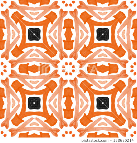 Orange and Black Watercolor Ikat Seamless Pattern with Bold Symmetrical Ornamental Motifs Orange and Black Watercolor Ikat Seamless Pattern with Bold Symmetrical Ornamental Motifs 138650214