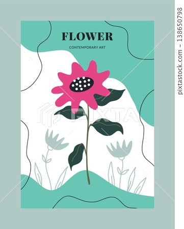 Nature banner. Floral shapes. Contemporary art. Color flower. Stem with leaves. Abstract spots. Organic forms. Summer blossom. Blooming plant. Botanical figures print. Vector modern card 138650798