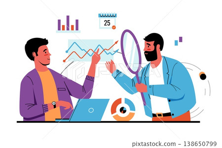 Business contract. Man with magnifier looking infographic and diagrams. Agreement audit. Project documents analysis. Businessman analyzing charts. People talking about deal. Vector concept Business contract. Man with magnifier looking infographic and diagrams. Agreement audit. Project documents analysis. Businessman analyzing charts. People talking about deal. Vector concept 138650799