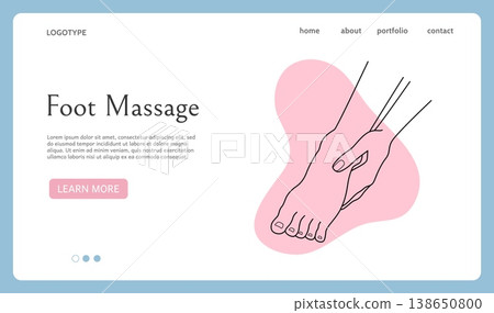 Feet massage landing page. Spa procedure. Female hand touching leg. Line drawing barefoot. Woman beauty and calm. Salon website design template. Wellness and relaxation. Vector background 138650800