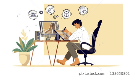 Man work. Freelance home programmer, laptop on desk table or remote student character. Coding employee workplace, illustrator or graphic designer. Vector cartoon isolated minimal concept 138650801
