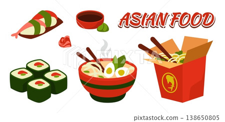 Food logo. Asian restaurant menu. Fastfood noodles box with chopsticks. Japanese sushi. Salmon sashimi. Ramen bowl. Wasabi and marinated ginger. Seafood eating. Vector oriental meals set Food logo. Asian restaurant menu. Fastfood noodles box with chopsticks. Japanese sushi. Salmon sashimi. Ramen bowl. Wasabi and marinated ginger. Seafood eating. Vector oriental meals set 138650805