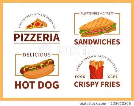 Fast food logo. Pizza and burger cafe. Hotdog snack. Sandwich and fries potato. Pizzeria icon. Takeaway dinner. Fastfood restaurants badges design template. Vector bistro labels set Fast food logo. Pizza and burger cafe. Hotdog snack. Sandwich and fries potato. Pizzeria icon. Takeaway dinner. Fastfood restaurants badges design template. Vector bistro labels set 138650806