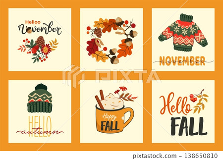 Cute autumn cards. Hello fall season holiday. Forest plant leaves wreath. Hot drink cup. November warm knitted hat and sweater. Autumnal oak acorn and rowan. Vector seasonal banners set 138650810
