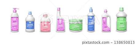 Clean product label. Laundry bottle package, disinfectant spray mockup for chemical cleaner brand, wash gel, plastic containers, packaging design. 3d render isolated vector realistic set Clean product label. Laundry bottle package, disinfectant spray mockup for chemical cleaner brand, wash gel, plastic containers, packaging design. 3d render isolated vector realistic set 138650813