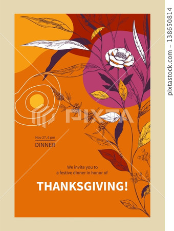 Happy autumn. Thanksgiving dinner invitation card. Fall season leaves or flowers. Abstract orange spots. Camellia blossom. Seasonal holiday. Vector autumnal festive invite banner design 138650814