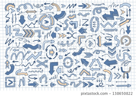 Doodle arrows. Cute hand drawn line sketch pointers, up pencil sign or vintage pointer element. Black and white background navigation symbols. Vector cartoon isolated set 138650822