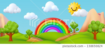 3d toy background. Rainbow field, hill in children sun park. Clouds, grass lawn as nature land art. Colorful nature, render glossy elements. Cartoon landscape vector horizontal background 138650824