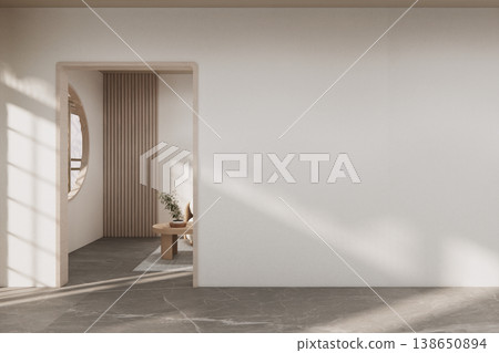 The Modern japandi style Clean room minimal with wood panels wall background 3D illustration rendering 138650894