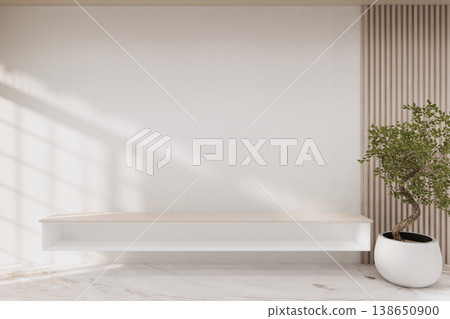 Shelf wall desigm on living room,Clean room wooden japanese minimalist room interior, 3D rendering Shelf wall desigm on living room,Clean room wooden japanese minimalist room interior, 3D rendering 138650900