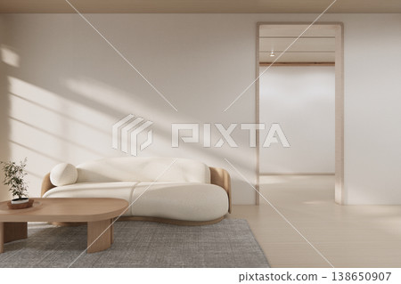 Modern room interior wabisabi style sofa onEmpty room wabi sabi style. 3D illustration rendering Modern room interior wabisabi style sofa onEmpty room wabi sabi style. 3D illustration rendering 138650907