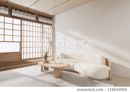 Modern room interior wabisabi style sofa onEmpty room wabi sabi style. 3D illustration rendering Modern room interior wabisabi style sofa onEmpty room wabi sabi style. 3D illustration rendering 138650908