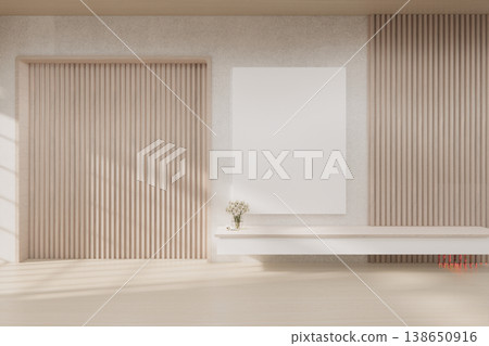 Small wall mounted storage cabinet on Empty room,Clean japanese minimalist room interior, 3D rendering Small wall mounted storage cabinet on Empty room,Clean japanese minimalist room interior, 3D rendering 138650916