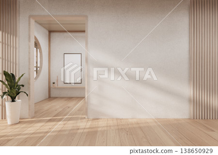The Modern japandi style Clean room minimal with wood panels wall background 3D illustration rendering The Modern japandi style Clean room minimal with wood panels wall background 3D illustration rendering 138650929