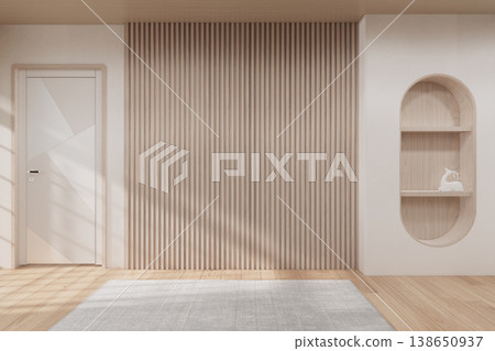 The Modern japandi style Clean room minimal with wood panels wall background 3D illustration rendering The Modern japandi style Clean room minimal with wood panels wall background 3D illustration rendering 138650937