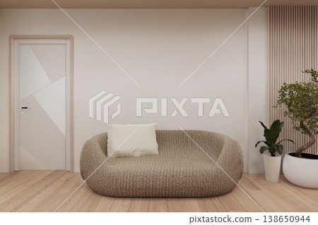 Modern room interior wabisabi style sofa onEmpty room wabi sabi style. 3D illustration rendering Modern room interior wabisabi style sofa onEmpty room wabi sabi style. 3D illustration rendering 138650944