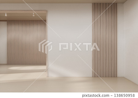 The Modern japandi style Clean room minimal with wood panels wall background 3D illustration rendering The Modern japandi style Clean room minimal with wood panels wall background 3D illustration rendering 138650958