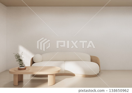 Modern room interior wabisabi style sofa onEmpty room wabi sabi style. 3D illustration rendering Modern room interior wabisabi style sofa onEmpty room wabi sabi style. 3D illustration rendering 138650962