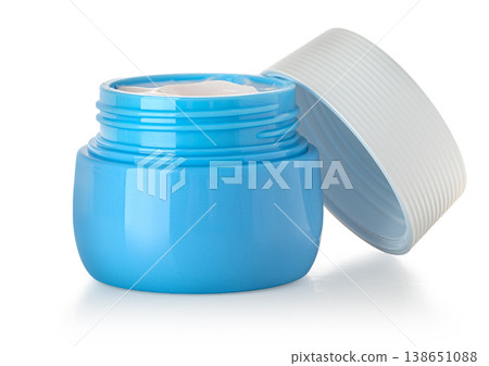 Blue jar of skincare cream with white cap Blue jar of skincare cream with white cap 138651088