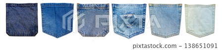 Denim jeans pockets set showing various blue fabric textures 138651091