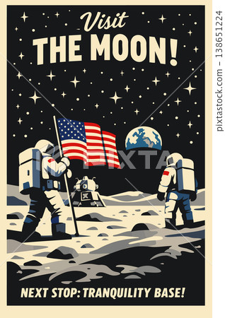 Retro Moon Travel with Astronauts and Earthrise View. AI generated 138651224