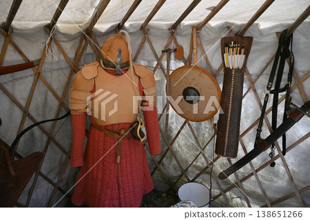 Antique leather armor and nomad warrior equipment in a yurt 138651266