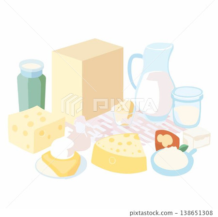 Collection of dairy foods including milk, cheese, butter, and yogurt in a simple flat vector style. 138651308