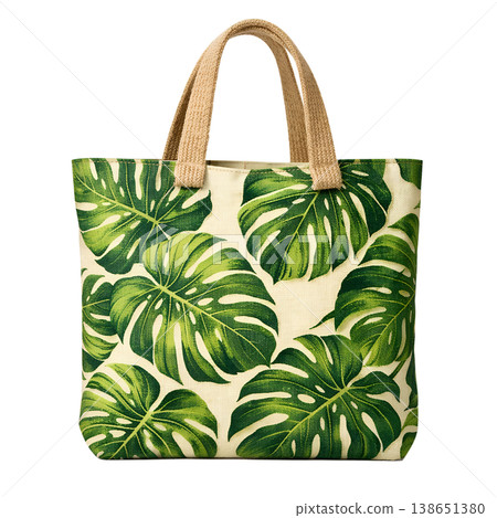 Reusable canvas tote bag featuring a bold tropical monstera leaf pattern in green on a light background, representing eco-friendly fashion and summer style Reusable canvas tote bag featuring a bold tropical monstera leaf pattern in green on a light background, representing eco-friendly fashion and summer style 138651380