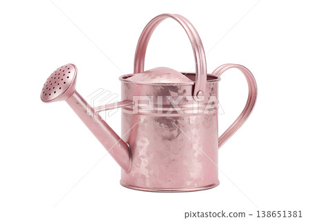 Glossy pink metallic watering can with a classic shape, isolated on white background, representing gardening tools, home decor, and springtime aesthetics 138651381