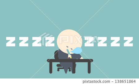 Business image illustration: A businessman dozing off at his desk while writing. Business image illustration: A businessman dozing off at his desk while writing. 138651864