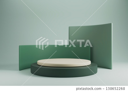Green monochromatic podium with curved panels for display 138652268