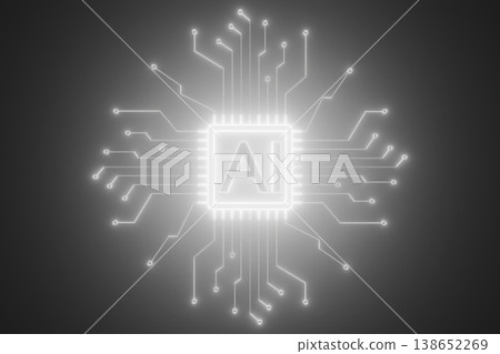 White glowing AI chip symbol with silver circuit board design 138652269