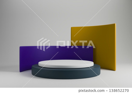 Geometric podium with purple and yellow panels for product display Geometric podium with purple and yellow panels for product display 138652270