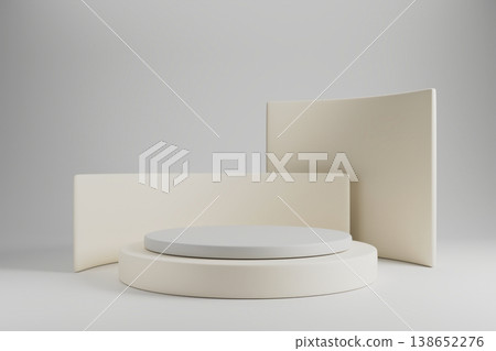 Beige minimalist podium with geometric panels on grey background Beige minimalist podium with geometric panels on grey background 138652276