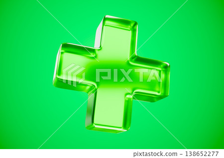 Vibrant green 3d glass plus sign on white studio background Vibrant green 3d glass plus sign on white studio background 138652277