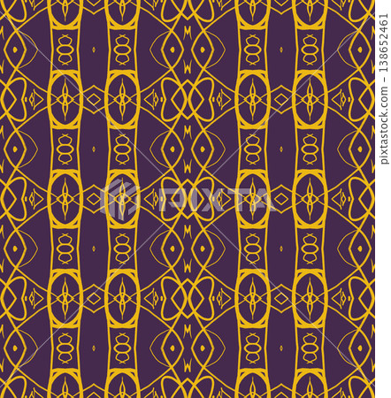 Purple and Yellow Art Deco Seamless Pattern with Ornamental Geometric Linework Purple and Yellow Art Deco Seamless Pattern with Ornamental Geometric Linework 138652461