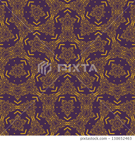 Purple and Yellow Art Deco Seamless Pattern with Ornamental Geometric Linework Purple and Yellow Art Deco Seamless Pattern with Ornamental Geometric Linework 138652463