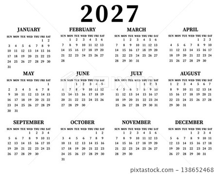 Calendar for the year 2027 displaying all months from January to December in a grid format in black text vector design on a white background  138652468