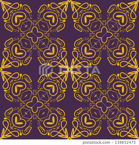 Purple and Yellow Art Deco Seamless Pattern with Ornamental Geometric Linework Purple and Yellow Art Deco Seamless Pattern with Ornamental Geometric Linework 138652473