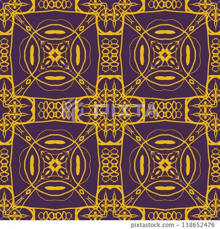Purple and Yellow Art Deco Seamless Pattern with Ornamental Geometric Linework Purple and Yellow Art Deco Seamless Pattern with Ornamental Geometric Linework 138652476