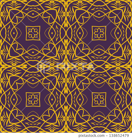 Purple and Yellow Art Deco Seamless Pattern with Ornamental Geometric Linework Purple and Yellow Art Deco Seamless Pattern with Ornamental Geometric Linework 138652479