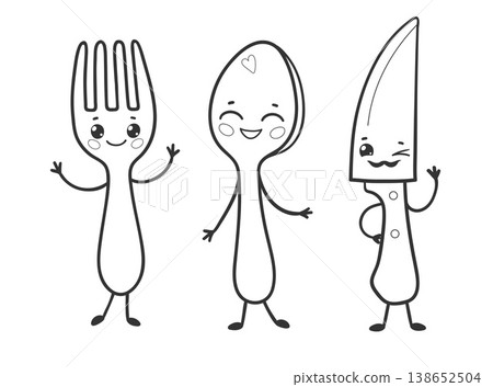 Cute kitchen set fork spoon and knife characters Cute kitchen set fork spoon and knife characters 138652504