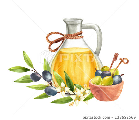 Olive oil in a glass jug with a green branch with flowers and berries, and fruit in a wooden bowl, isolated watercolor illustration. Mediterranean food, hand drawn in a simple style for food festival. Olive oil in a glass jug with a green branch with flowers and berries, and fruit in a wooden bowl, isolated watercolor illustration. Mediterranean food, hand drawn in a simple style for food festival. 138652569
